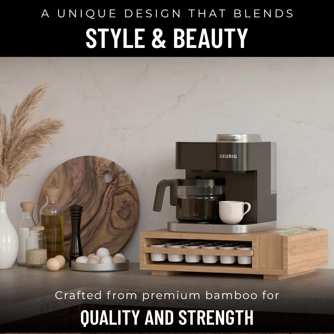 HAUSFY Bamboo Keurig Pod Organizer, Large 36 K-Cup Capacity Aesthetic Under Machine K-Cup Storage Drawer, Space-Saving Keurig Stand With Storage, 3 Slots For Tea & Spoons, Fits Keurig Brewers