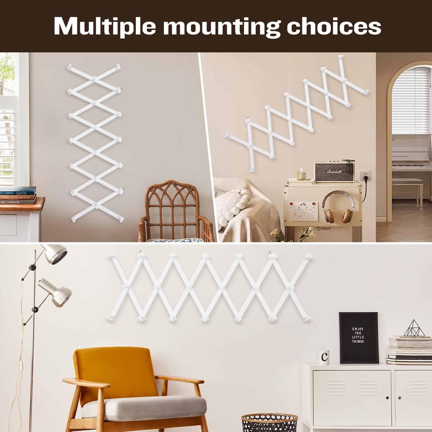 SCUNDA Wall Rack with 20 Hooks, Wooden Wall Expandable Coat Rack for Coat, Hats, Baseball Caps, Coffee Mug, Jewelry(White)