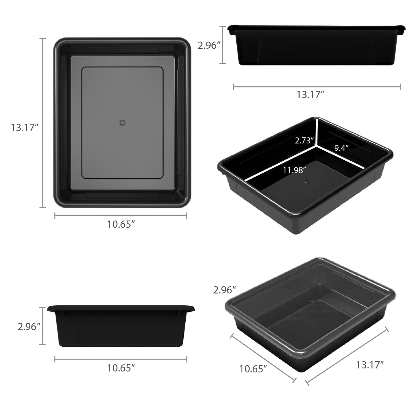 Storex Letter Size Flat Storage Tray – Organizer Bin with Non-Snap Lid for Classroom, Office and Home, Black, 5-Pack (62535U05C)