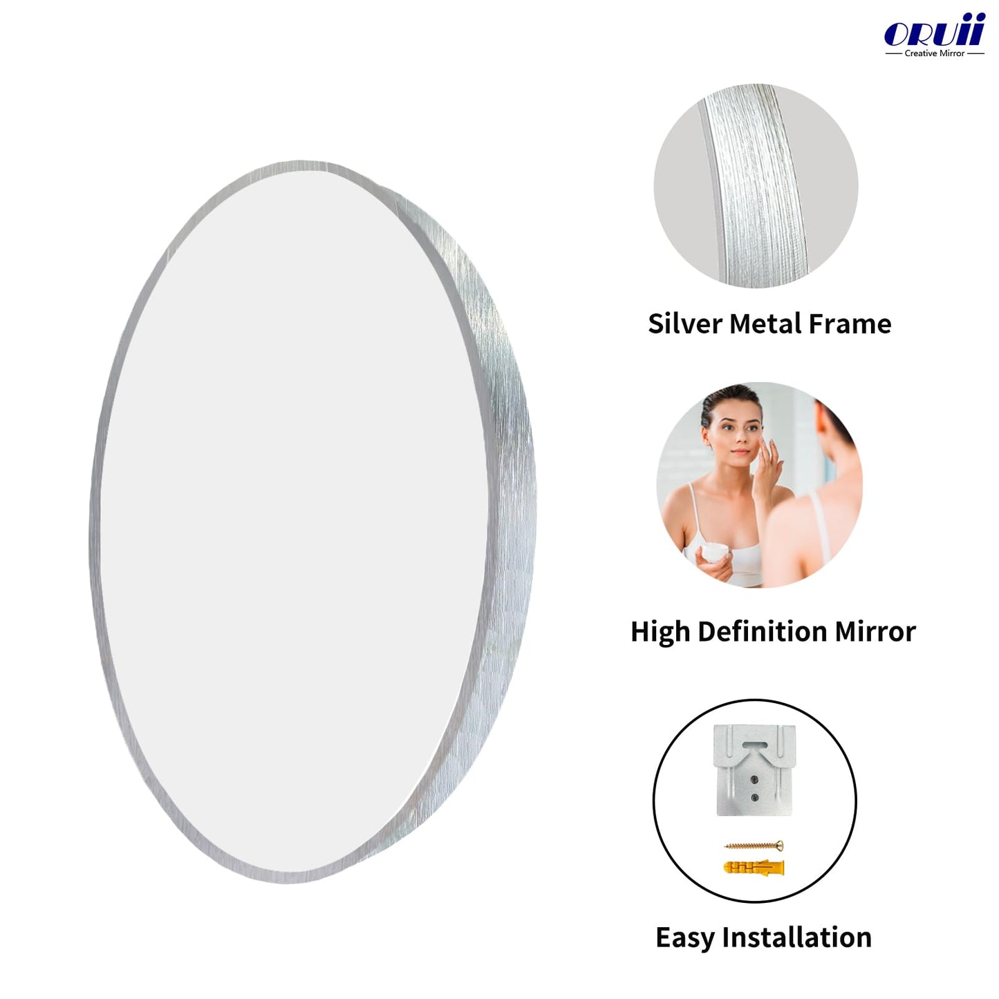 Oruii Silver Round Mirror, Round Mirror 24 inch Brushed Nickel, Circle Wall Mirrors Metal Frame, Silver Circular Mirrors for Bathroom, Wall, Living Room, Entryway, Hallway, Vanity, Rustic