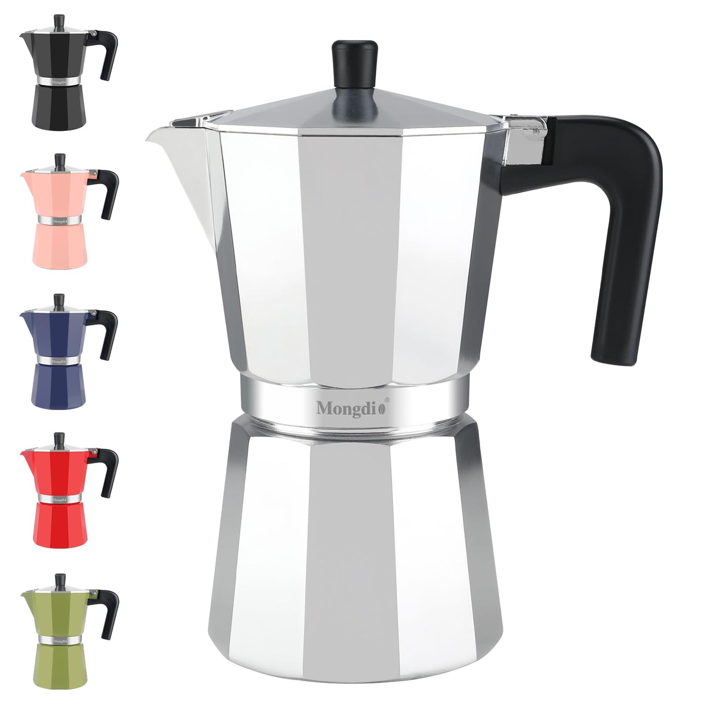 Mongdio Stovetop Espresso Maker Moka Pot, Stove Top Cuban Coffee Maker, Italian Greca Mocha Pot, 9 Espresso Cups, 15 oz - Silver