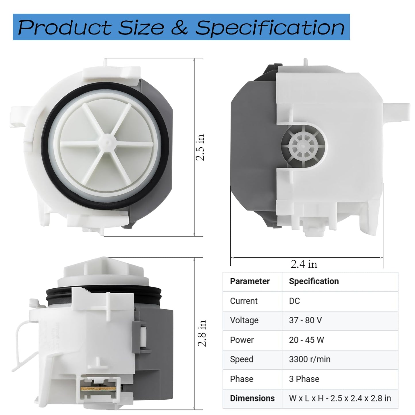 00631200 Dishwasher Drain Pump DC 37-80V ONLY, NOT Fit AC Pumps, Replacement for 631200 AP5972147 PS11704799, 20-45W 3300RPM, Compatible with Select Bosch Dishwashers