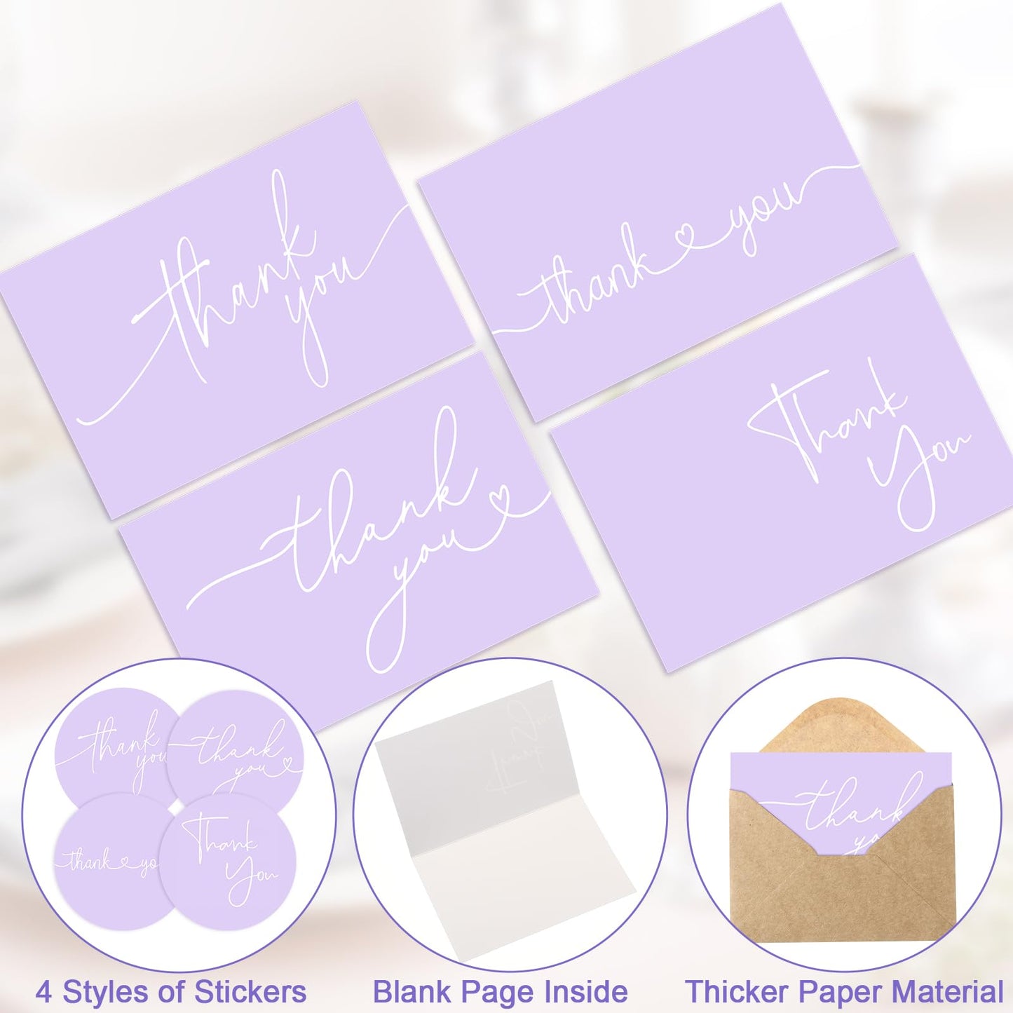 Teling 200 Set Thank You Cards with Envelopes Bulk, 6 x 4 Inch Blank Thank U Greeting Notes with Brown Kraft Envelopes Stickers Thankyou Card Set for Graduation Wedding Birthday Baby Shower(Purple)