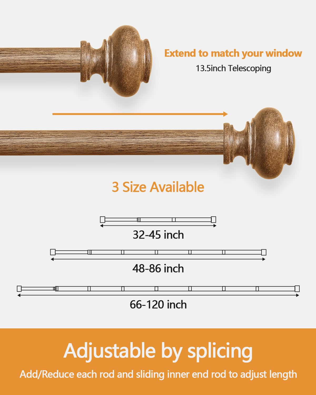Wood Curtain Rods for Windows 48 to 84 Inch, 1 Inch Heavy Duty Curtain Rods with Imitation Wood Grain Finials, Boho Adjustable Drapery Rod, Decorative Farmhouse Rustic Single Window Curtains Rod