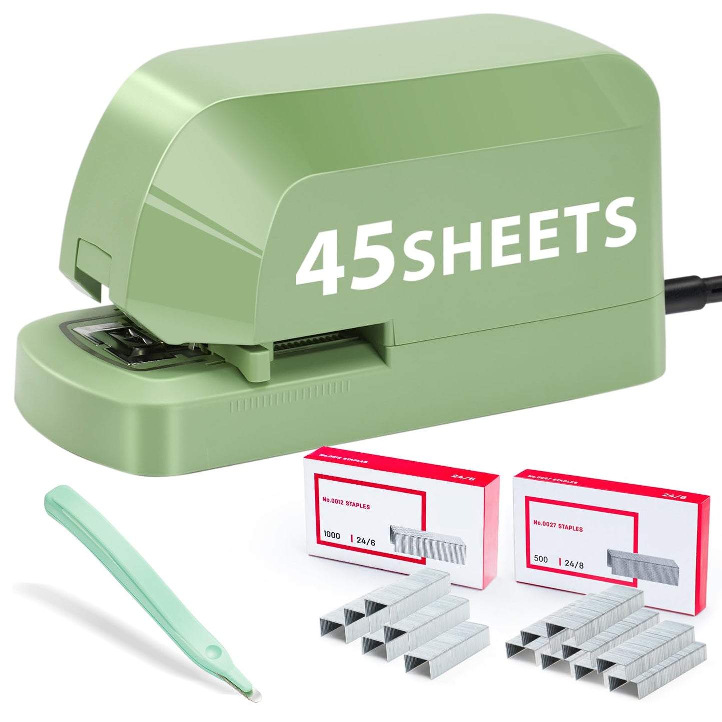 Electric Stapler for Desk Value Pack, 45 Sheet Capacity, Includes 1500 Staples & Staple Remover, No-Jam, Faster Stapling, AC Adapter Powered, Saga Green