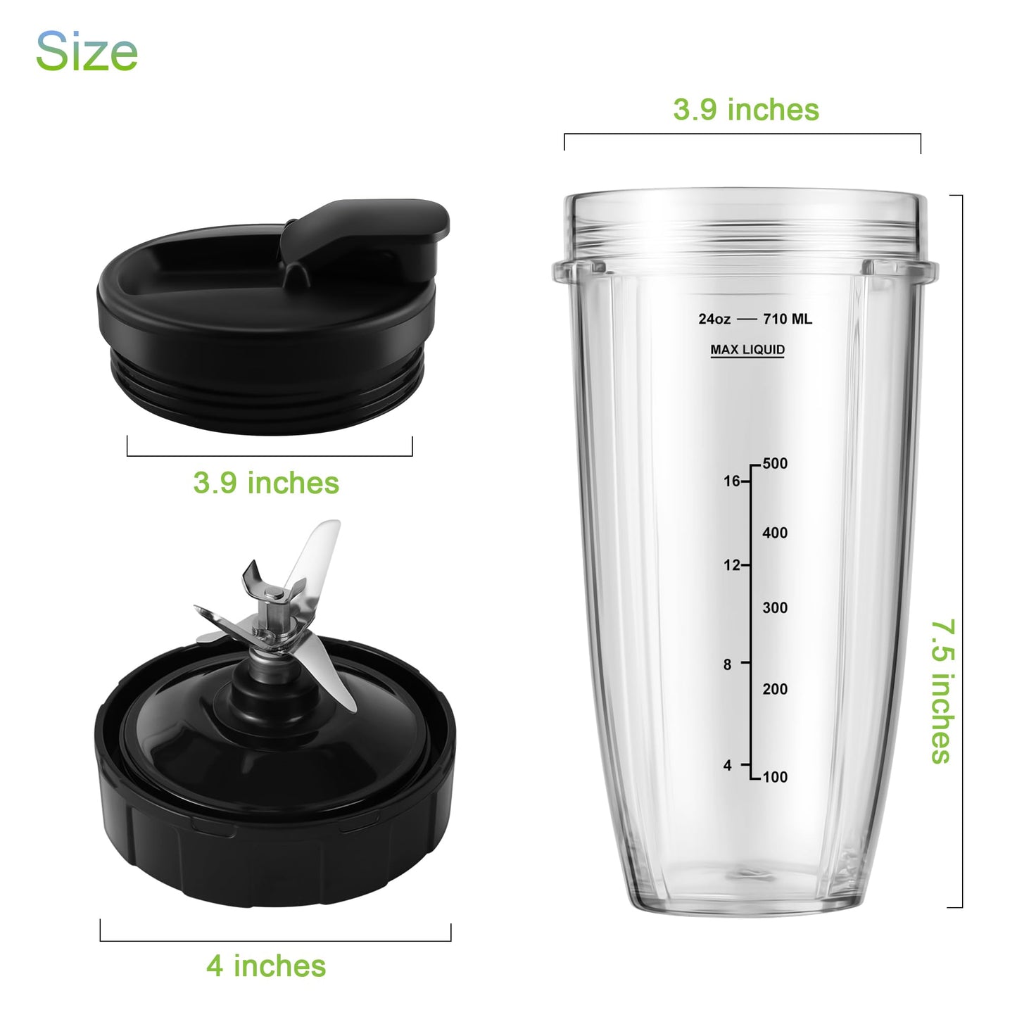 MEET JUICE Blender Replacement Parts Compatible with Ninja Auto-iQ Blenders, 24oz Cups with Lids and 7-Fin Extractor Blade for BL480 BL640 BL642 Series (Compatible with 7-Fin Systems Only)