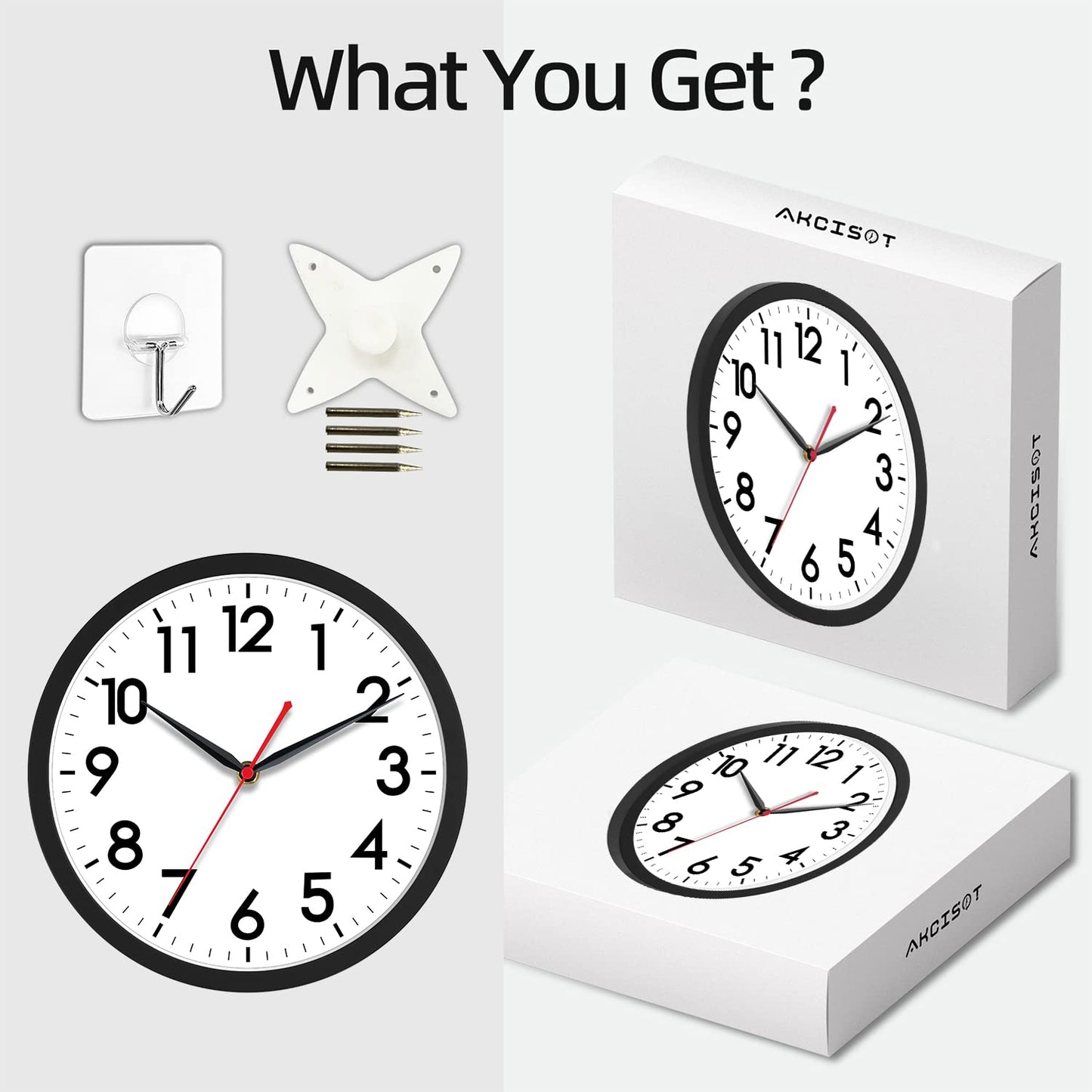 AKCISOT 12 Inch Wall Clock Silent Non-Ticking Modern Wall Clocks Battery Operated - Analog Classic Clock for Office, Home, Bathroom, Kitchen, Bedroom, School, Living Room(Black)