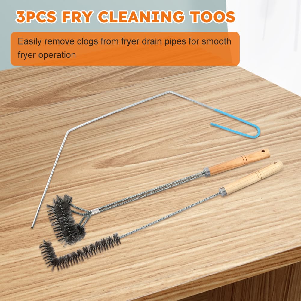 3 pcs Stainless Steel Fryer Cleaning Tools, Including L-Shaped Fryer Cleaning Brush Kitchen Fryer Cleanout Rod Long Handle Deep Fryer Basket Cleaning Brush Kitchen Restaurant Accessories
