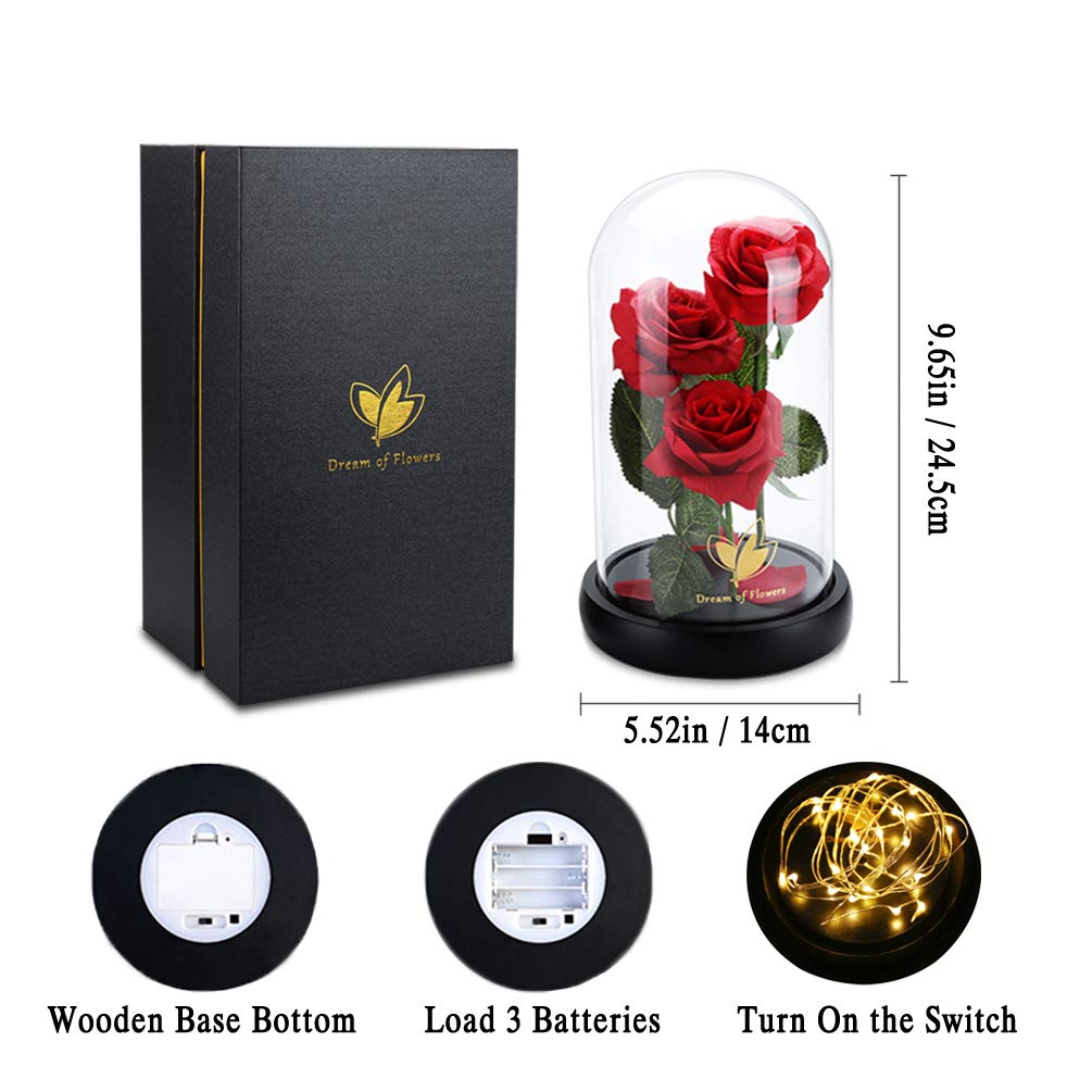 Women Gift Idea Birthday,Unique Gifts for Mom,Beauty and The Beast Rose in Glass Dome With 2 Lights Mode, Birthday Gifts for girlfriend,Wife，Anniversary Red Silk Rose Flower Gifts for Women