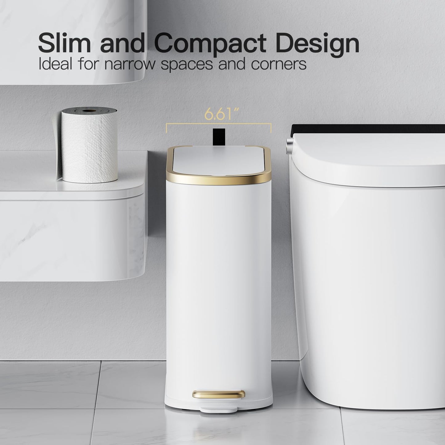 CEROELDA Small Bathroom Trash Can with Lid Soft Close-10L/2.6 Gal Slim Garbage Can-Metal Step Wastebasket-Rectangle Narrow Waste Bin for Office, Bedroom, Toilet, Live Room (White)