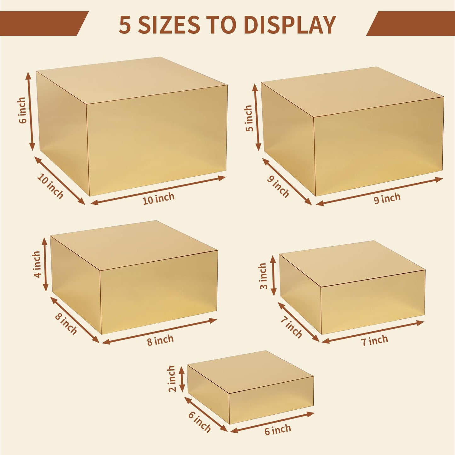 Jolboldy 5 Pcs Acrylic Gold Risers Display Stands, Mirrored Food Risers for Buffet Table, Nesting Acrylic Cube Boxes for Jewelry Purse Perfume, Gold Cake Stand for Dessert Display Catering Supplies