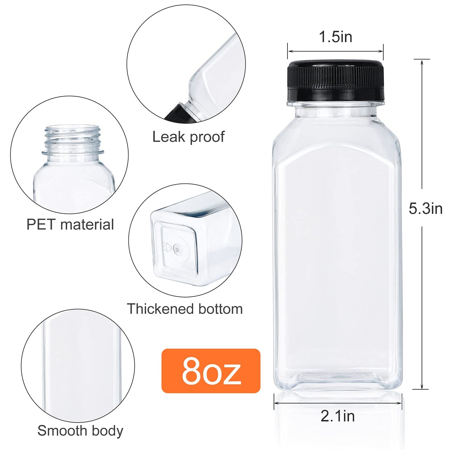 DANALLAN 30 Pack 8oz Empty Plastic Bottles with Leak-Proof Caps Food Grade Recyclable Bulk Beverage Containers Clear PET Bottles for Homemade Juice, Smoothie, Milk and Drinks