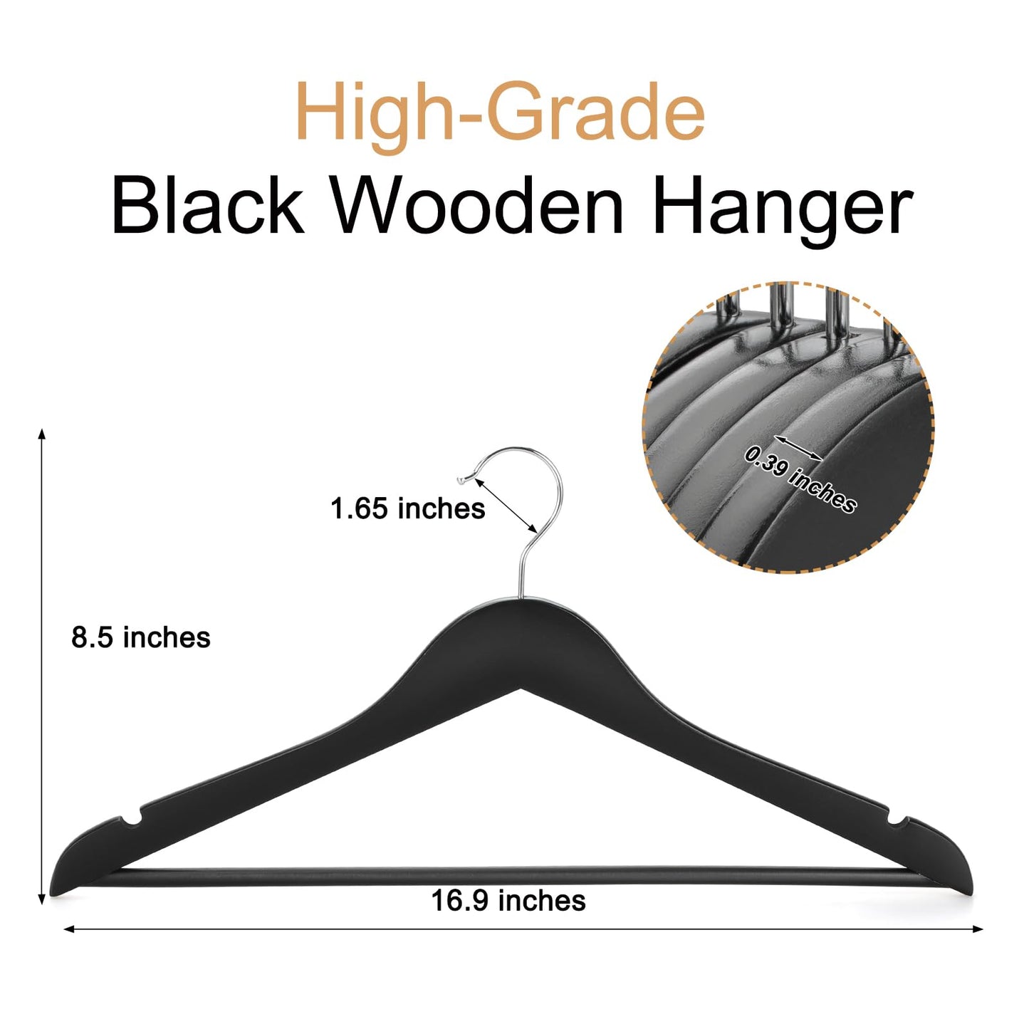 TOPIA HANGER Wooden Coat Hangers 30 Pack, Black Wood Suit Hangers, 360° Swivel Hook and Non-Slip Shoulder Notches for Camisole, Jacket, Pant, Shirt, Smooth Finished Clothes Hangers -CT54B30