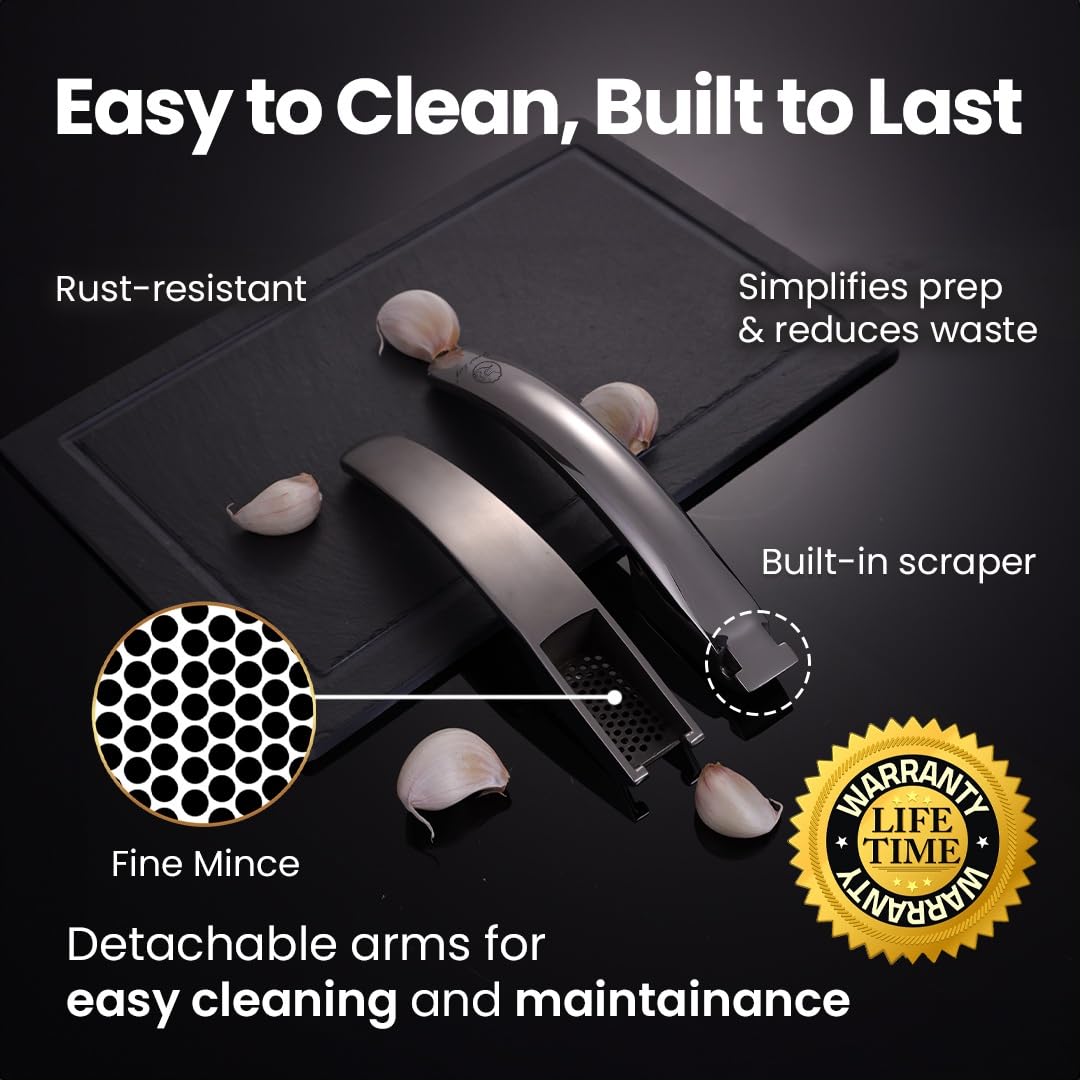 Lifetime Replacement Garlic Press Stainless Steel No Need to Peel, Detachable Handle for Fine Mincing-Premium Garlic Mincer Tool, Rust-Proof, Easy to Clean, Dishwasher Safe Garlic Crusher