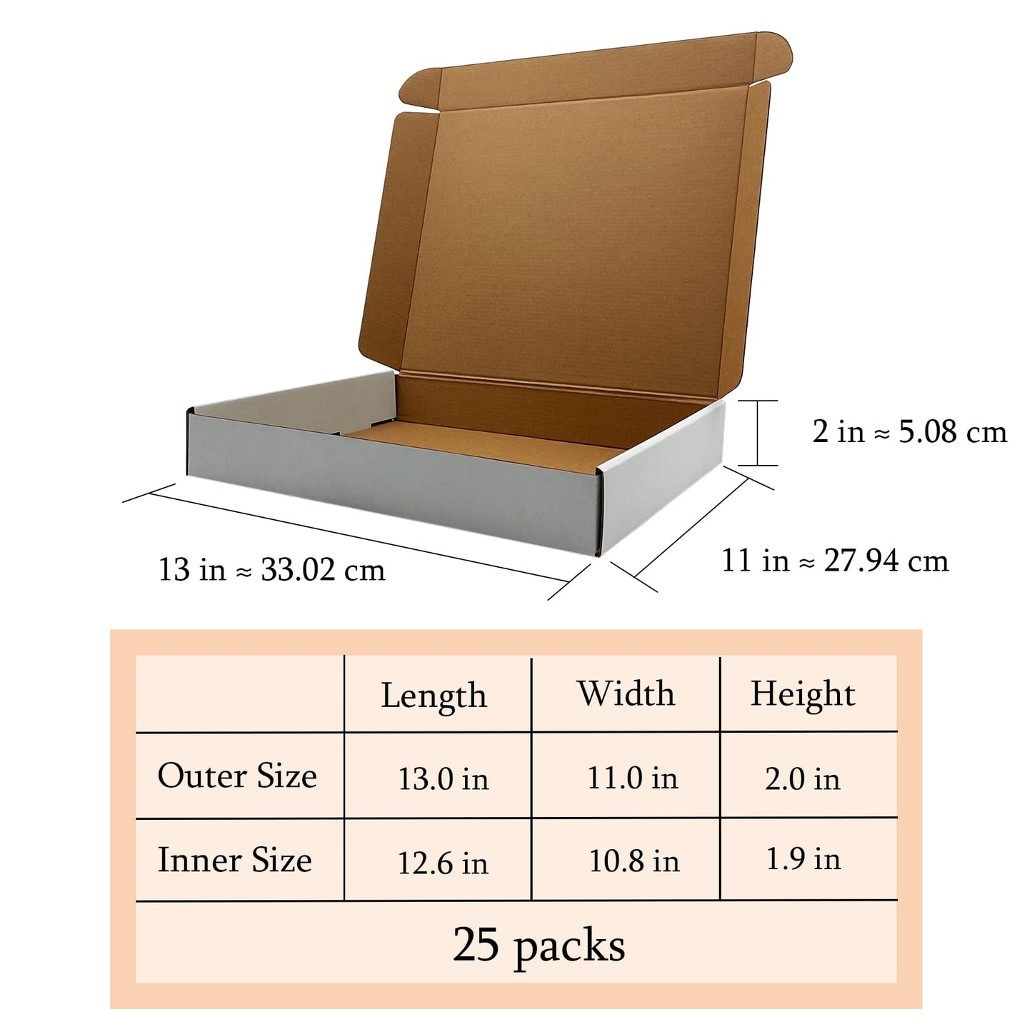13x11x2 Inches Shipping Boxes Set of 25,White Corrugated Mailing Cardboard Box Literature Mailer for Packing Small Business Moving Storage, E-Commerce Packaging Mailing Boxes Gift Boxes for Presents