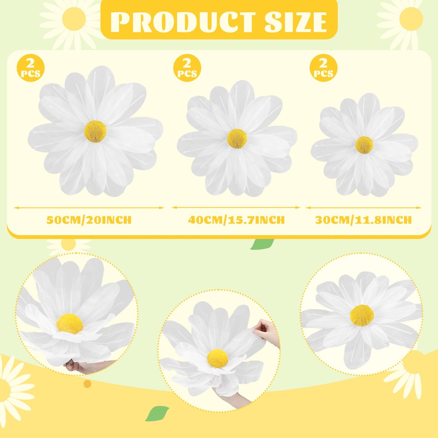 FineCheer 6 Pcs White Large Daisy Flowers for Decoration 12'' 15.8'' 20'' Giant Silk Artificial Flower Fake Daisy for Wedding Garden Birthday Party Bridal Baby Shower Decor, Rod is Not Included