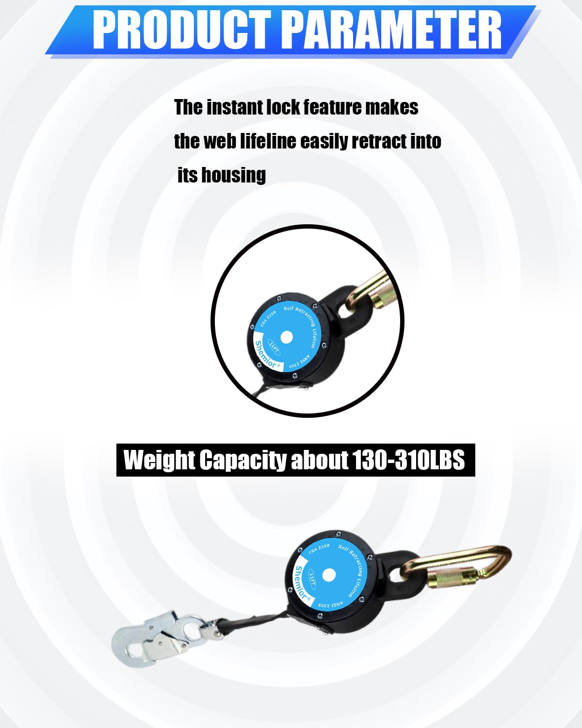 11FT Shemior Web Self Retracting Lifeline, No Tangle Lightweight Housing SRL, Self Retractable Safety Lanyard, Fall Arrest Protection PPE Gear for Roofing Construction, OSHA/ANSI Compliant