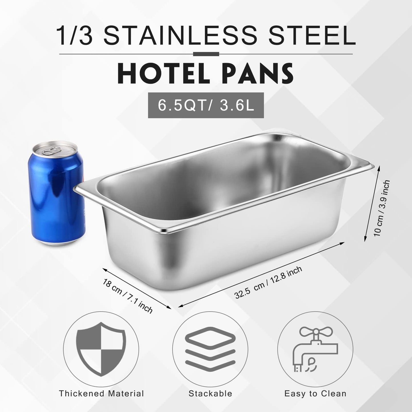 10 Pack Hotel Pans Stainless Steel Steam Table Pan 1/3 Size, 0.8 mm Thick Anti Jam Warming Pans for Food Warmer Restaurant Catering Supplies, 12.8 x 6.9 Inch(4 Inch Deep,Standard)