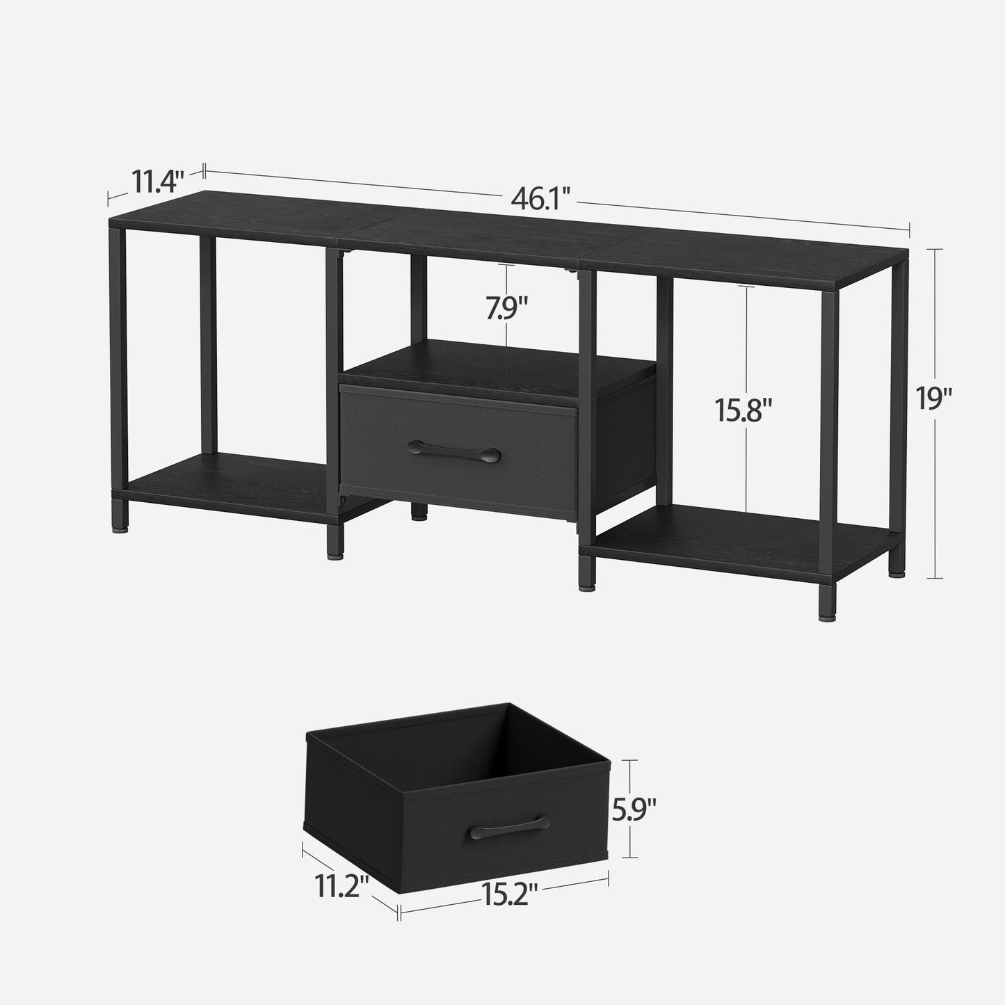 JARHETUN TV Stand with Fabric Drawer for 55 Inch TV, Entertainment Center with Open Shelves, Media TV Console Table for Living Room, Bedroom, Black