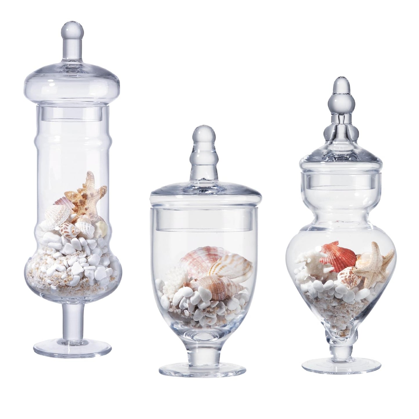 Diamond Star Set of 3 Apothecary Jar Glass Decorative Candy Jars Elegant Storage Candy Buffet Display, Wedding Candy Organizer Canisters (H: 9", 12.5", 14"; 20 FL.OZ, 23 FL.OZ and 28 FL.OZ)