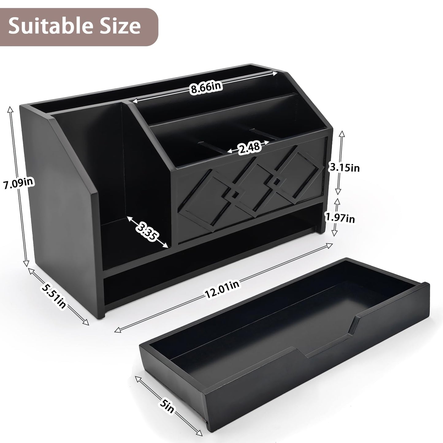 UUyuality Black Wooden Mail Organizer with Drawer, Three Tiered Desk Accessories for Office Organization and Storage, Stylish Countertop Document Storage, Home/Office/Classroom Supplies (Black02)