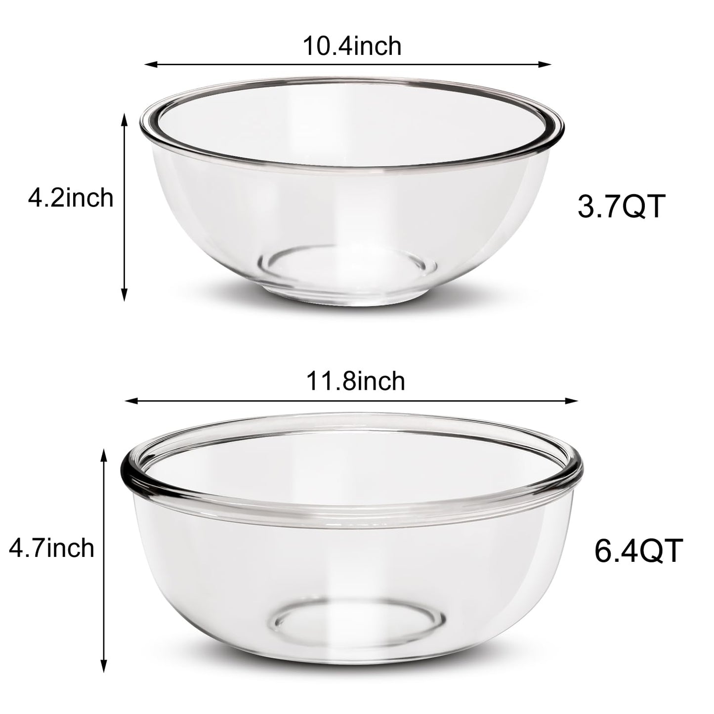BECFISH Large Borosilicate Glass Mixing Bowls, Set of 2 (6.4QT, 3.7QT) - Heavy-Duty, Stackable & Lead-Free. Oven, Microwave, Dishwasher & Freezer Safe. Ideal for Sourdough, Baking, Prepping, Serving.
