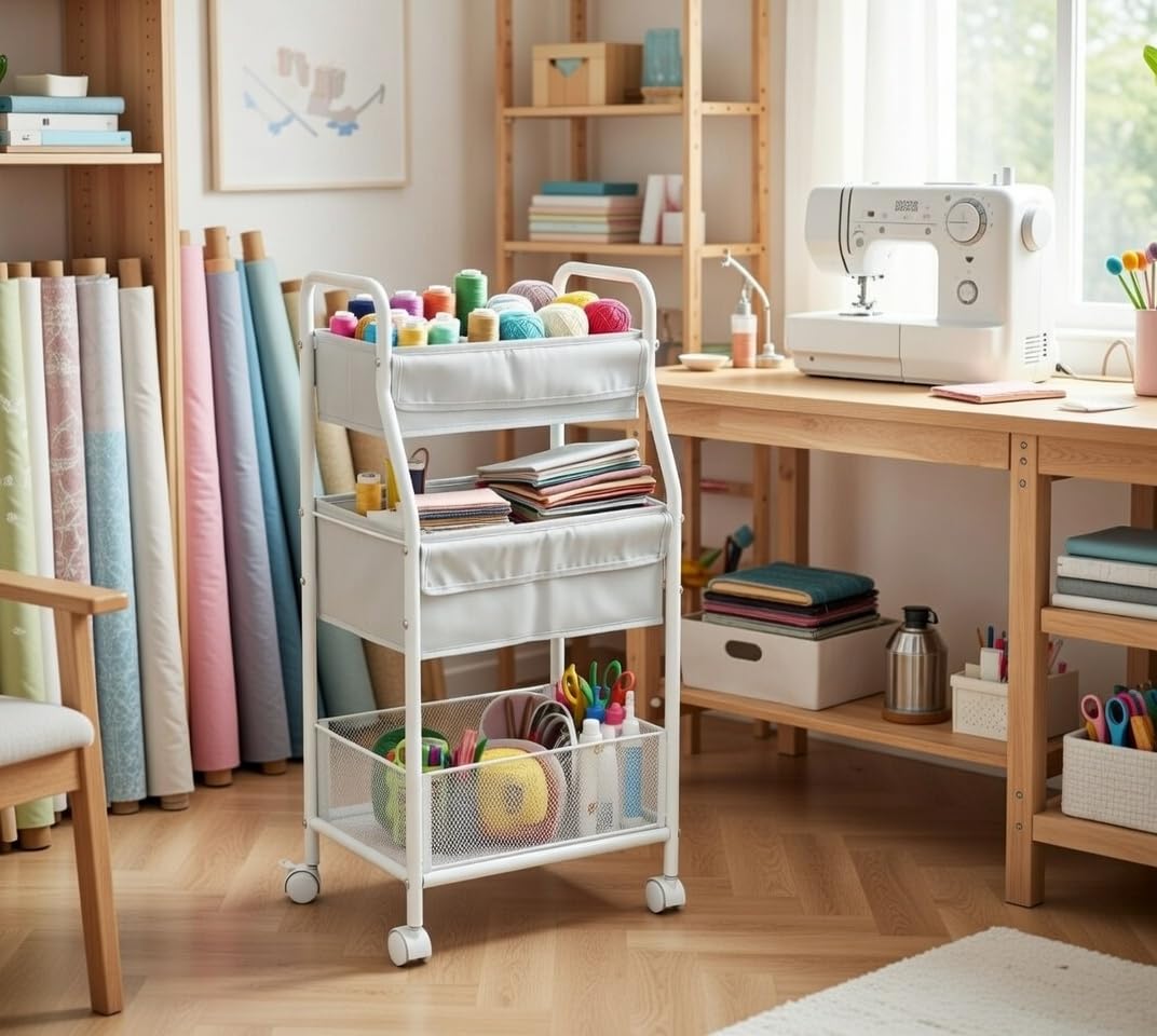 Moteph Rolling Utility Cart with Wheels, 3-Tier Diaper Cart, Rolling Nursery Cart & Baby Caddy Organizer for Nursery Essentials, Bedside/Postpartum Cart, Craft & Art Storage, Rolling Book Cart