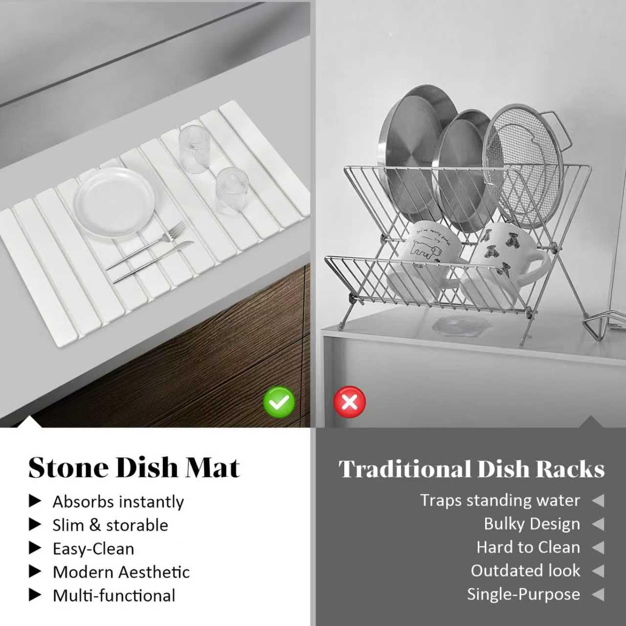 Extral Large Stone Dish Drying Mats for Kitchen Counter, 28"(L)×16"(W) Quick Dry Dish Drying Mat, Collapsible Eco-Friendly Absorbent Diatomaceous Earth Mat for Dishes Cups, Match Any Countertop