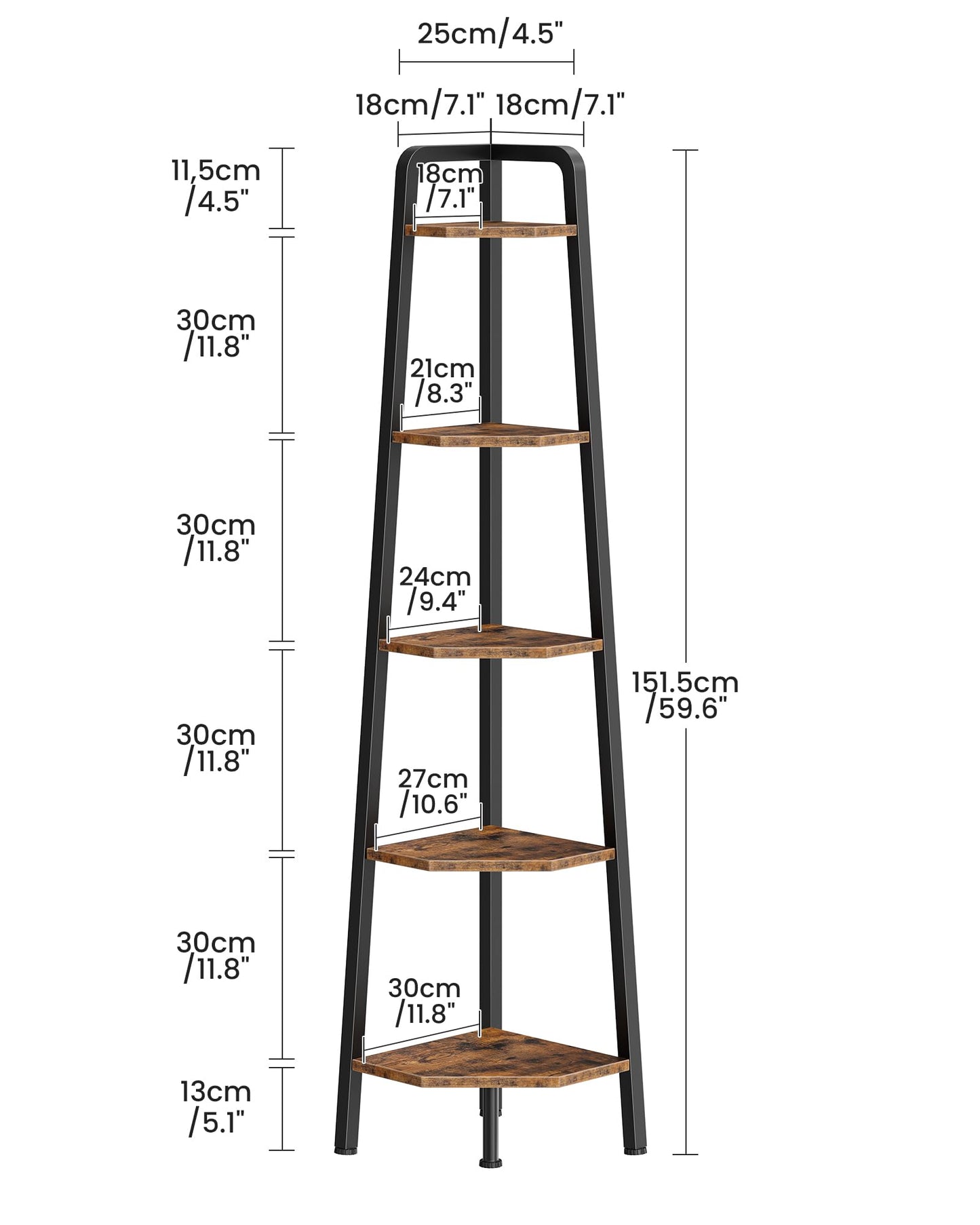 CHOEZON Corner Shelf, 5-Tier Ladder Corner Shelf, Ladder Bookshelf, 59.6" Tall Vertical Display Stand, Metal Frame Bookshelf, for Living Room, Bedroom, Kitchen, Rustic Brown and Black TCJ20BF