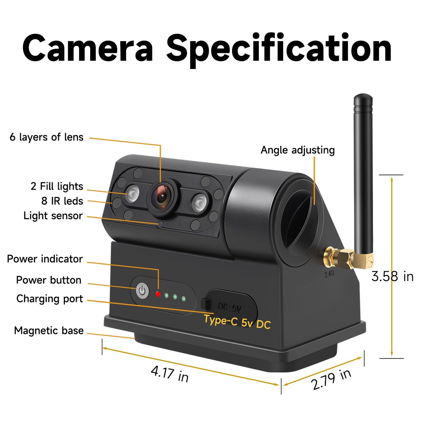 Magnetic Solar Wireless Backup Camera with 5” HD Monitor No Wiring Rechargeable Battery IP68 IR Night Vision Rearview Camera System for Car RV Truck 5th Wheels Skid Steer Horse Trailer Hitch Camera