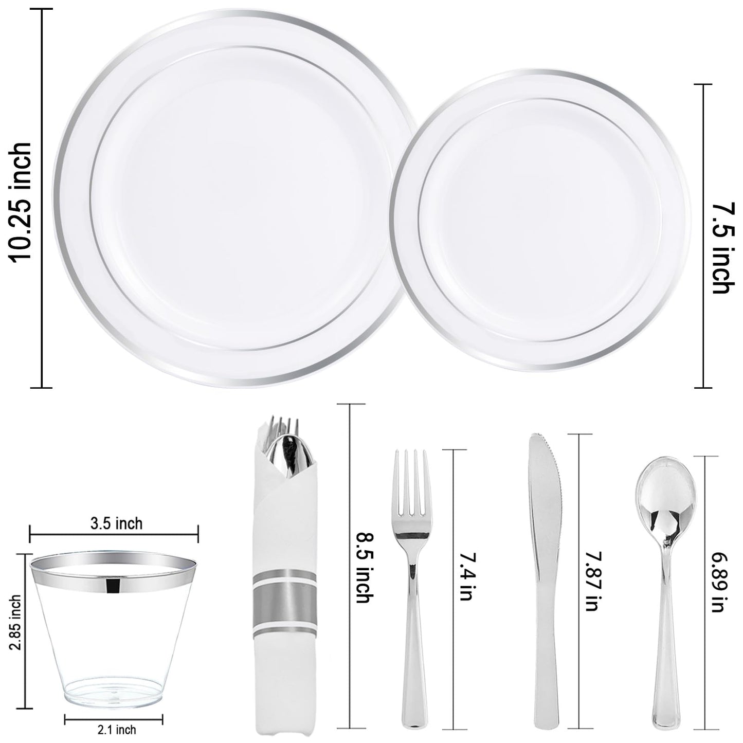 WELLIFE 210 Piece Silver Plastic Dinnerware Set for 30 Guests, Include: 30 Dinner Plates, 30 Dessert Plates, 30 Pre Rolled Napkins with Silverware and 30 Silver Cups