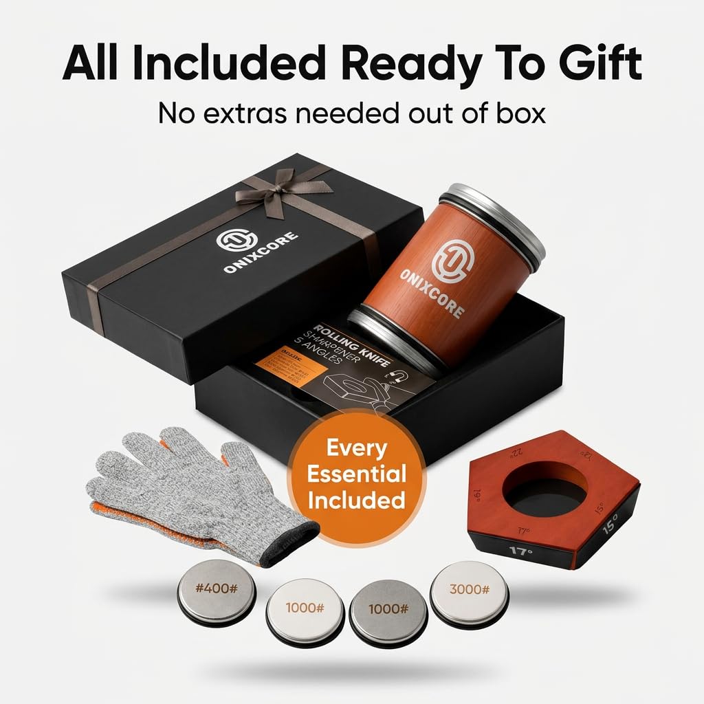 Rolling Knife Sharpener Kit, Magnetic 5-Angle Base Knife Sharpener with 4 Diamond & Ceramic Discs, Cut-Resistant Gloves Included, Knife Sharpener for Kitchen Made Easy Chef & Pocket Knives