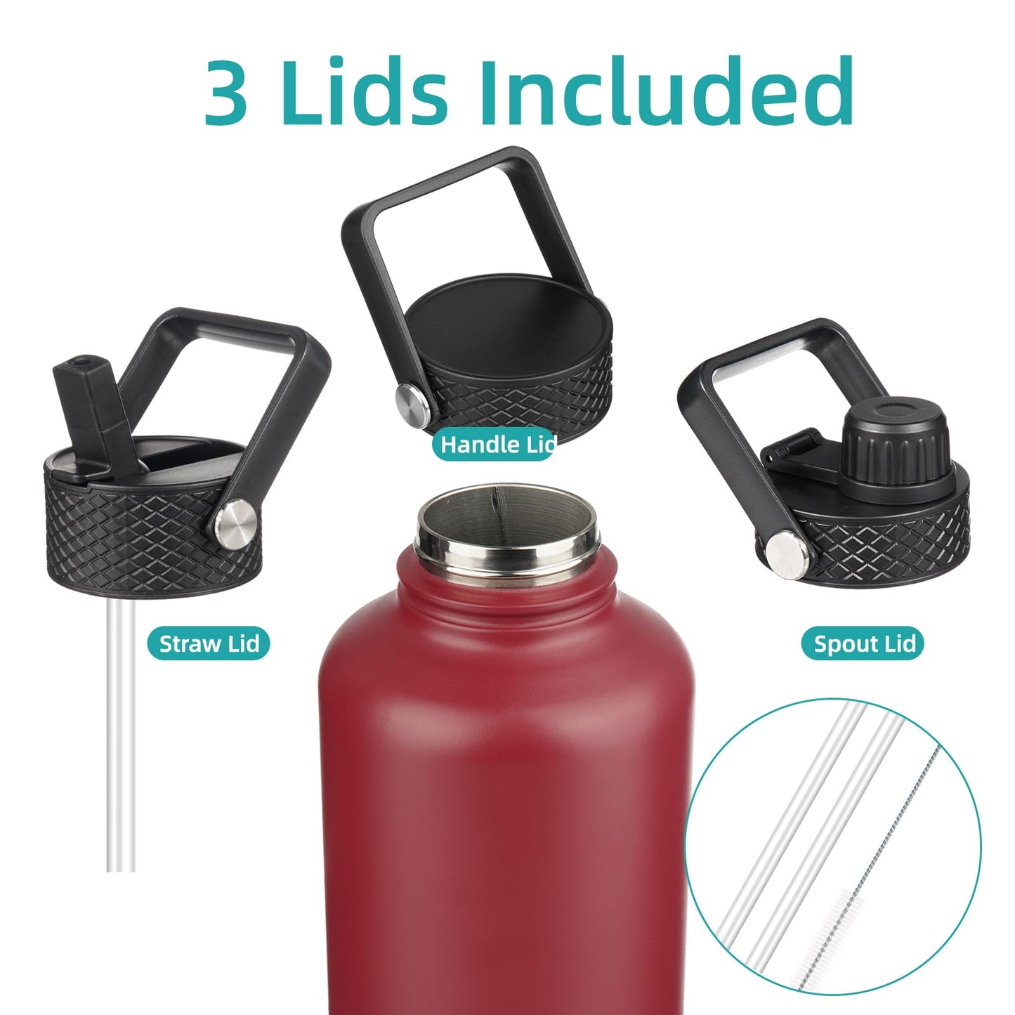 Konokyo Half Gallon Insulated Water Bottle with Straw,64 oz 3 Lids Water Jug with Carrying Bag,Paracord Handle,Double Wall Vacuum Stainless Steel Metal Flask,Dark Red