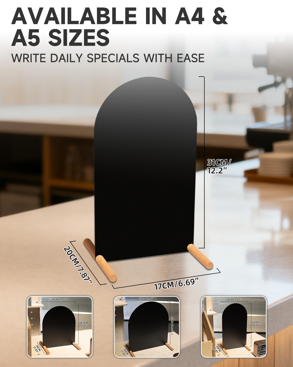 Metal Tabletop Menu Stand with Magnetic Holders and Chalk Writable Surface, Reusable Cafe Display Board with Wooden Base for Restaurant Bakery Retail Counter Menu, Daily Specials and Price Signs