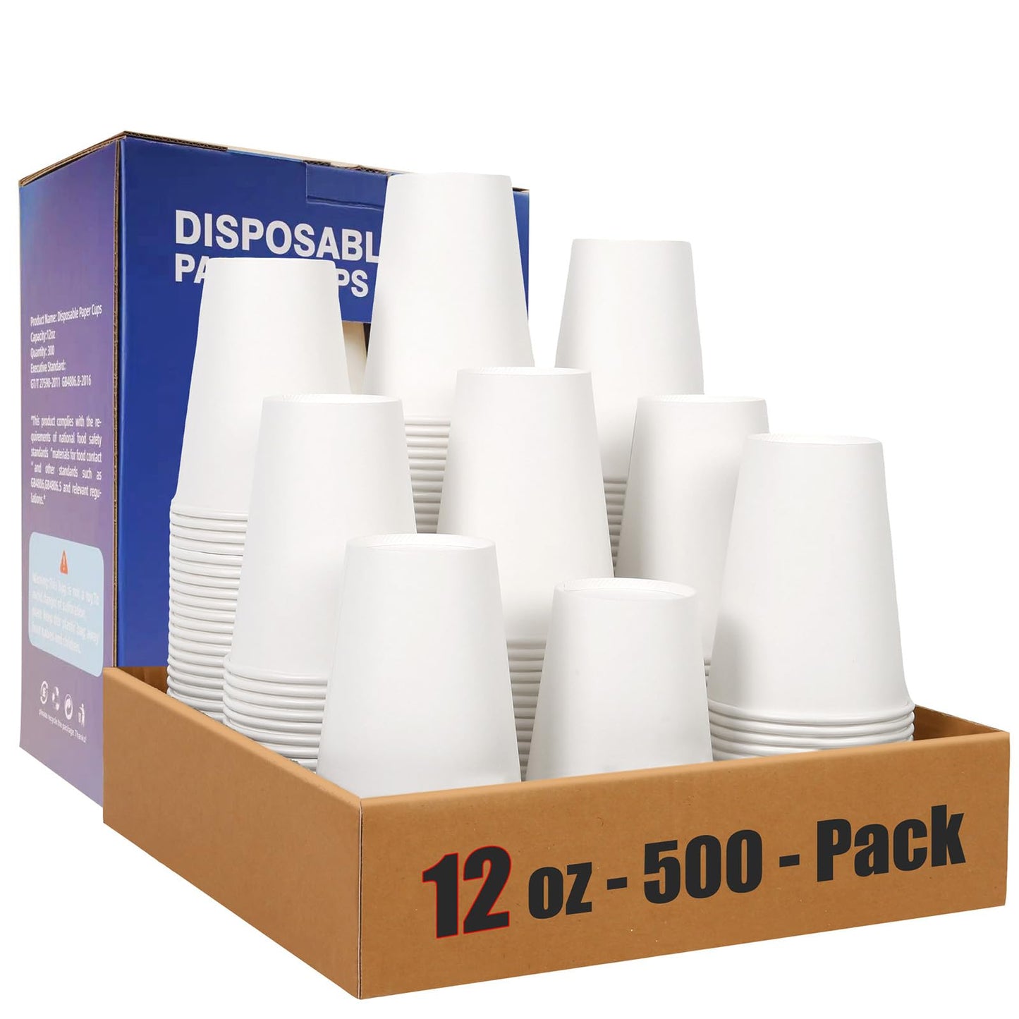 MOUMOULIFE Disposable Paper Coffee Cups 12 oz 500 Count Bulk, Leak-Proof White Paper Cups for Hot & Cold Beverages, Ideal for Party, Office, Home, Travel