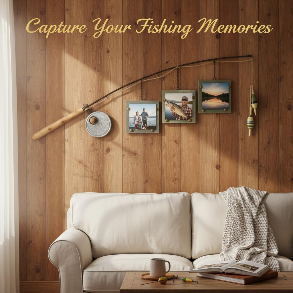 Young's Inc Wood Fishing Pole Triple Photo Frame – Rustic Lake House Wall Fish Decor with Hanging 4x4 Frames, Lodge & Woodland Cabin Accent for Fishermen, Outdoor Enthusiasts, and Family Memories