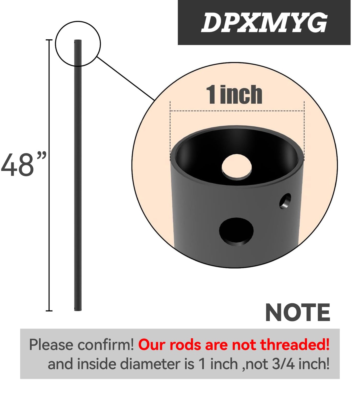 DPXMYG 48 inch Ceiling Fan Downrod, 4 FT Black Downrod for Ceiling Fan, 1 inch Outside Diameter, Boom Suitable for a Wide Range of Fans (Black, Not Threaded)