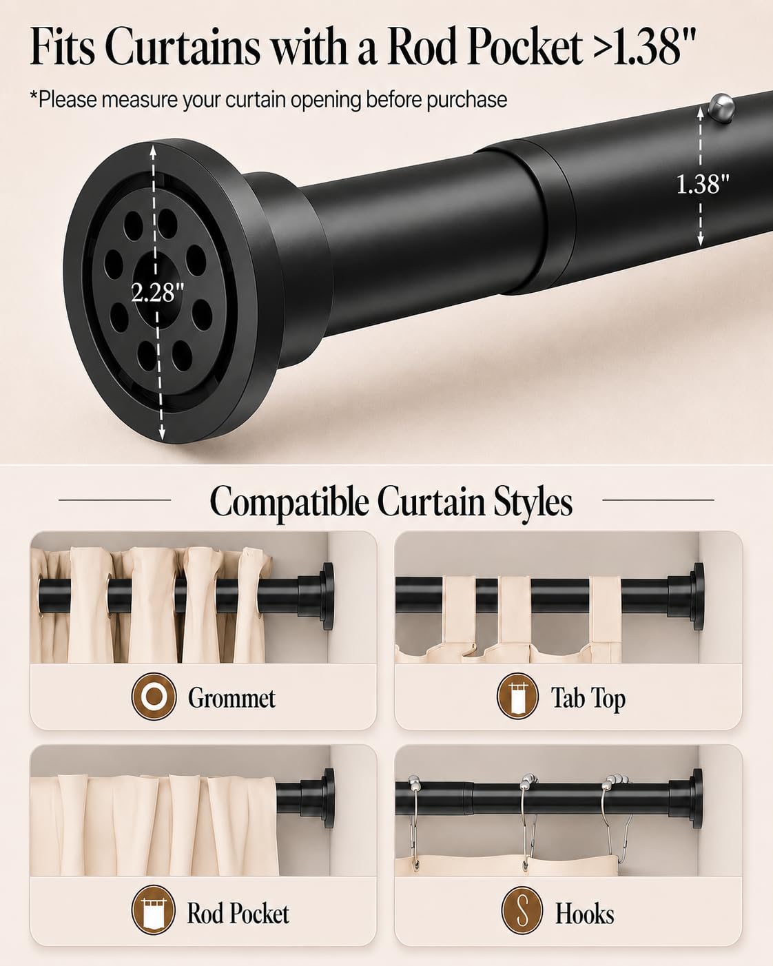 ALLZONE Tension Curtain Rods for Windows 66 to 120 Inches, Black Curtain Rods No Drilling, Heavy Duty Extra Long Tension Rod for Curtains, Outdoor Curtains Rod for Patio, Bedroom