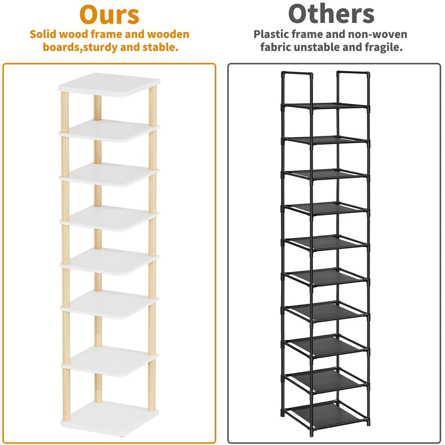 LUCKNOCK Vertical Shoe Rack, 8-Tier Tall Narrow Shoe Organizer for Entryway, Closet, Dorm & Small Spaces, Freestanding Wooden Shoe Shelf Tower for Boots, Sneakers, Heels. (White)