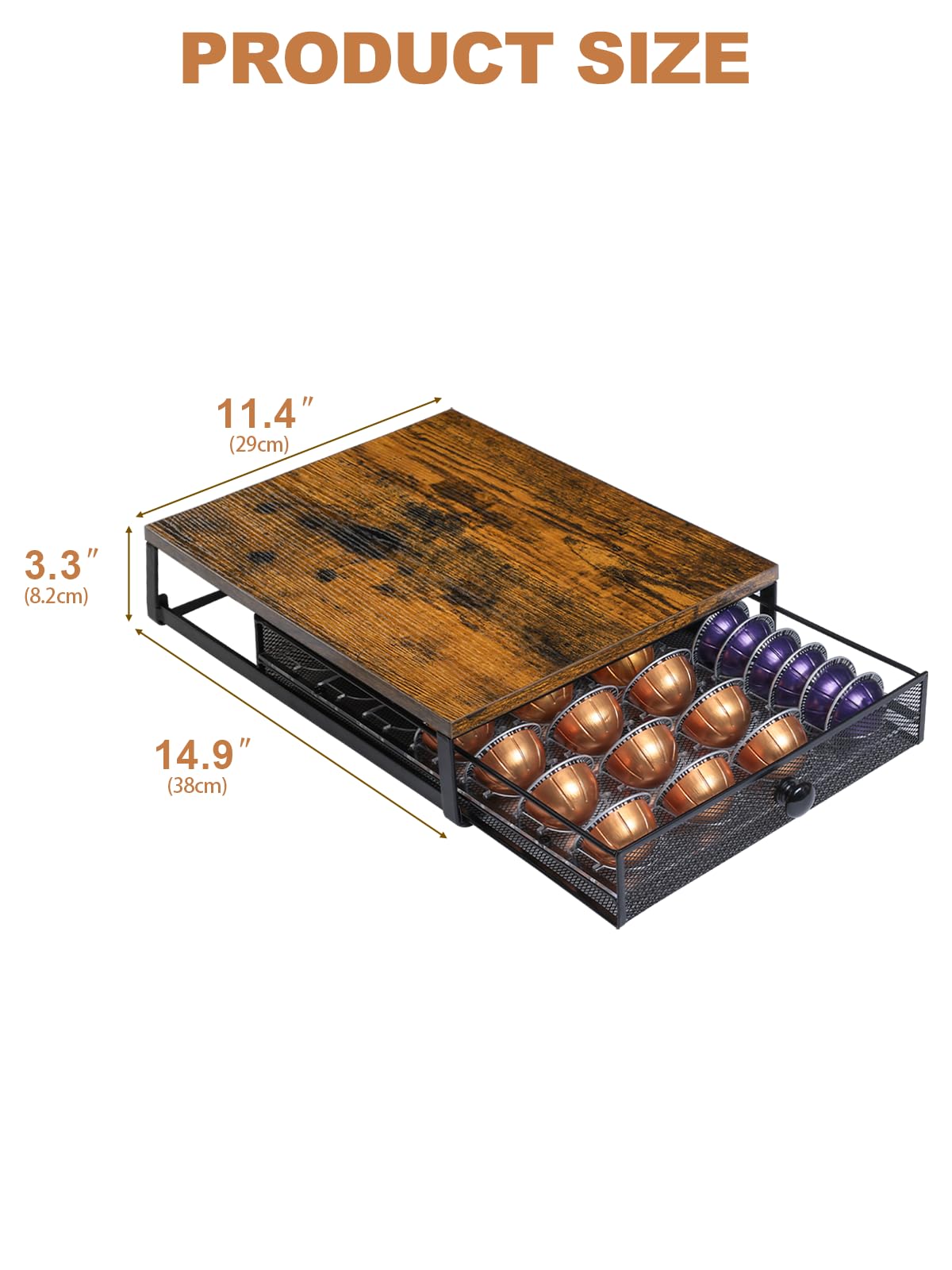 Sedegn Coffee Pod Holder Drawer Organizer Vertuo Capsules Storage Organizer with Sliding Drawer Compatible For Nespresso Vertuo Pods, Holds up to 56 Small or 28 Big Vertuo Pods Rustic Brown