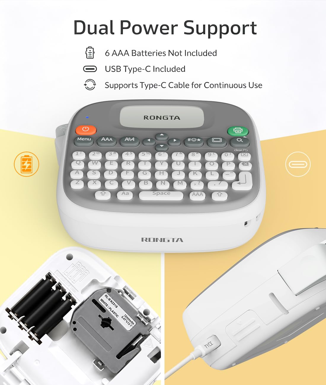 Rongta Label Maker Machine with Tape, Label Maker Waterproof with QWERTY Keyboard, TM95 12mm Portable Labeler for Home Organization, Office or School Supplier (Label Maker with 1 Tape, White)