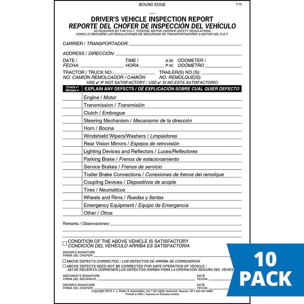 Simplified Driver's Vehicle Inspection Report 10-pk. - Bilingual, Book Format with 31 Sets, 2-Ply Carbonless, 5.5" x 8.5", Meet FMCSR Requirements, J. J. Keller & Associates, Inc.