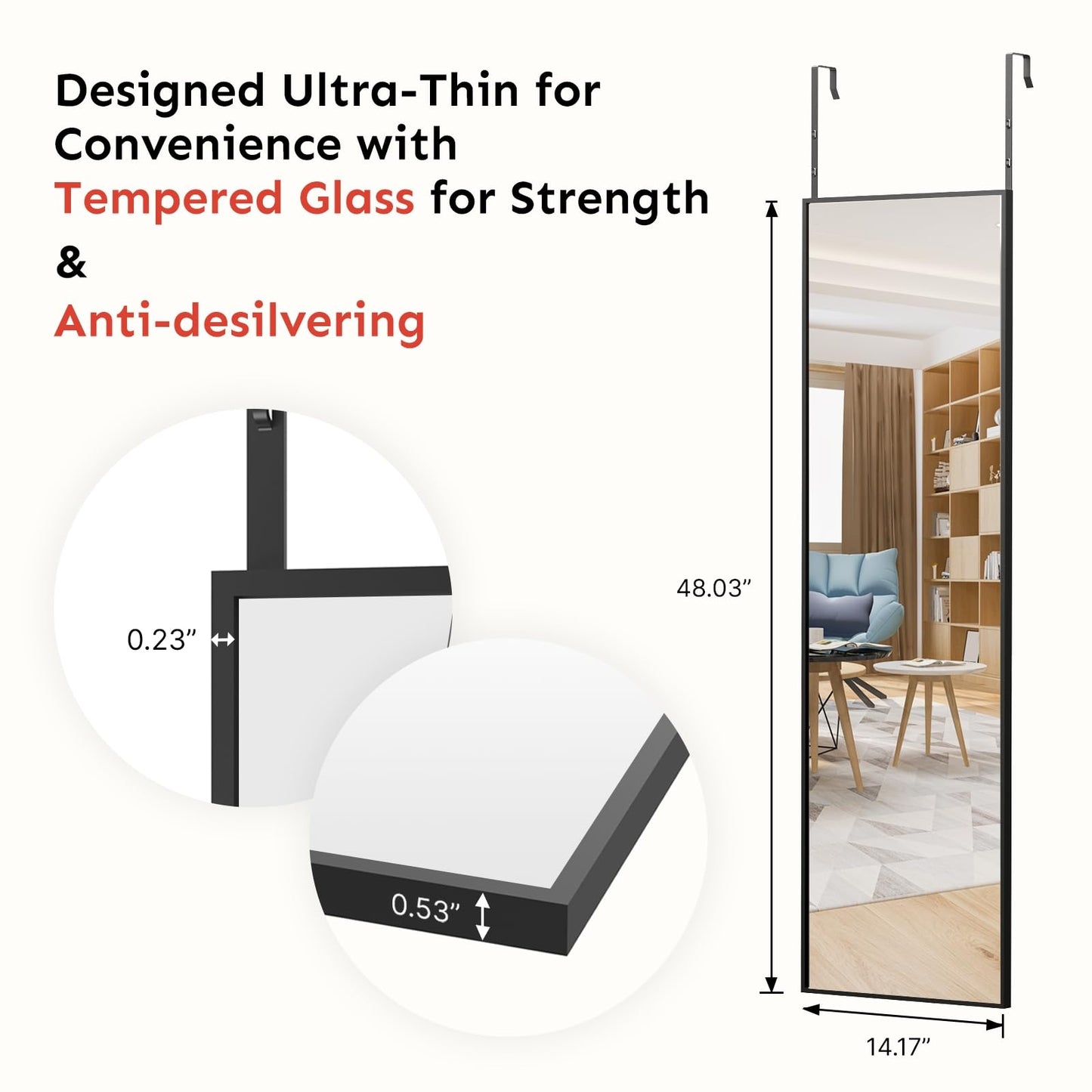 Kosmonia 48x14 Inch Full Length Tempered Glass Door Mirror - Over The Door Hanging, No Drill Installation, Suitable for Bedroom & Closet, Sturdy Hanging Design