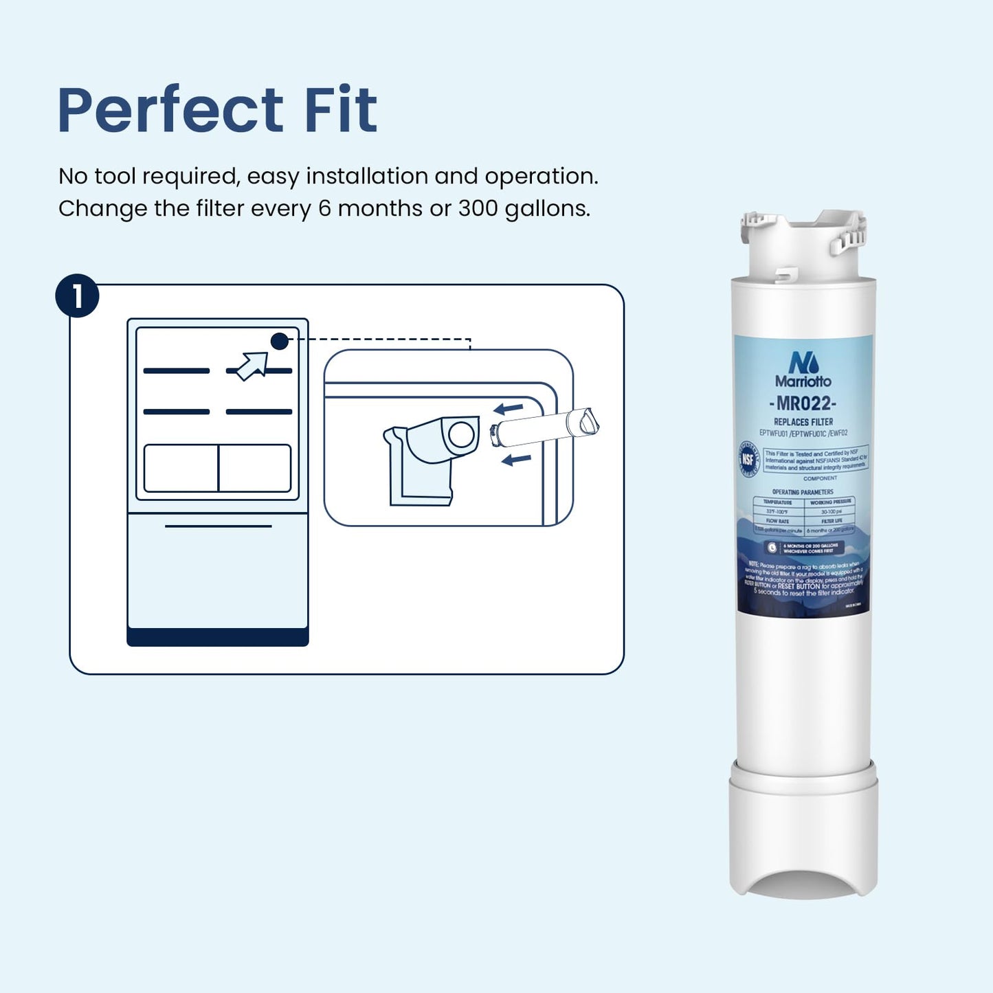 MARRIOTTO MR022 Water Filter, Compatible with Frigidaire refrigerator EPTWFU01, EWF02, Pure Source Ultra II and Pure Air Ultra 2 Air Filter (3+3)