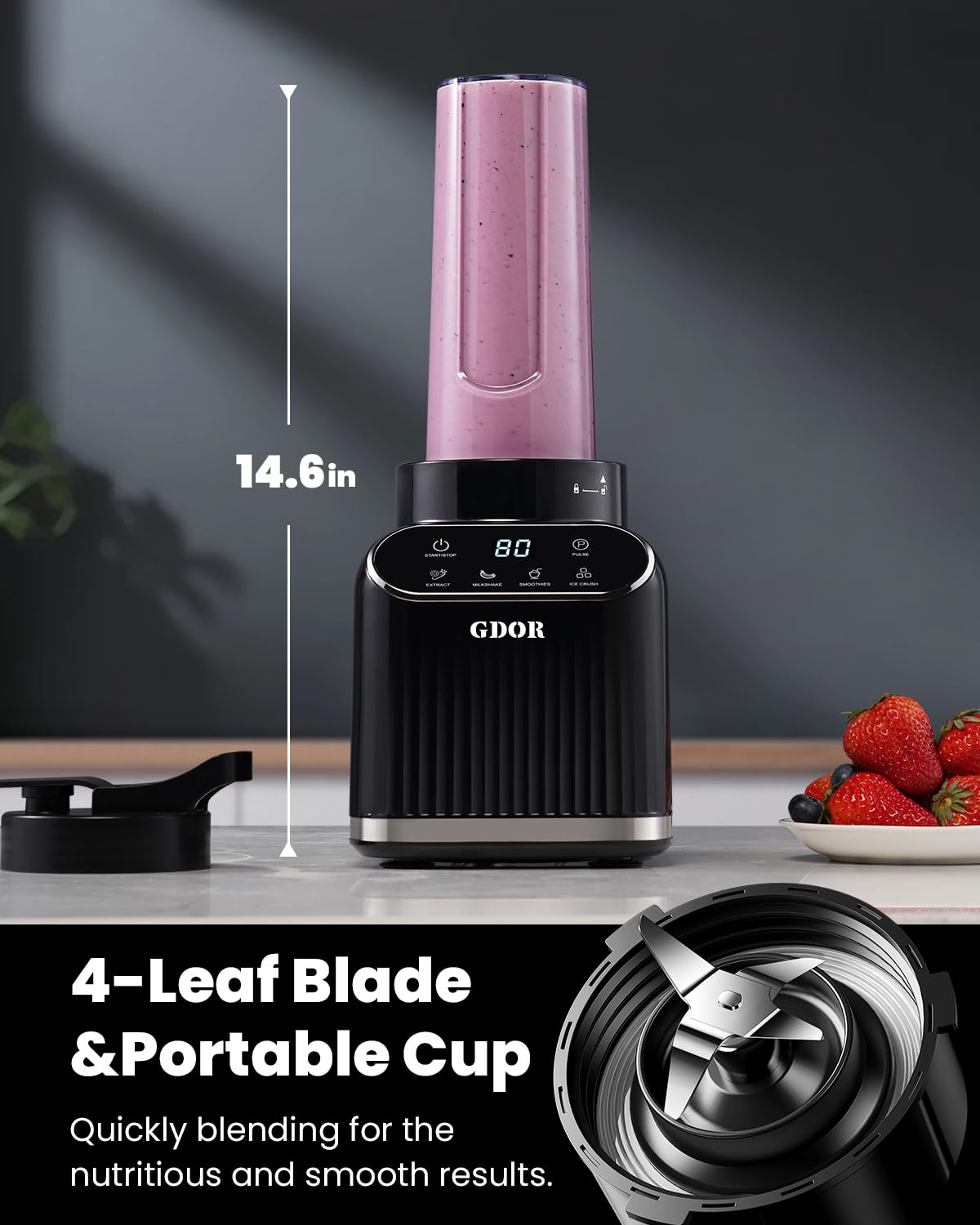 GDOR Professional Blender for Kitchen, 1200 Peak Watts Smoothie Blender, 5 Functions for Ice Crushing & Frozen Fruit, 52 Oz Glass Jar & 24 Oz To-Go Cup Combo, Self-Cleaning, Black