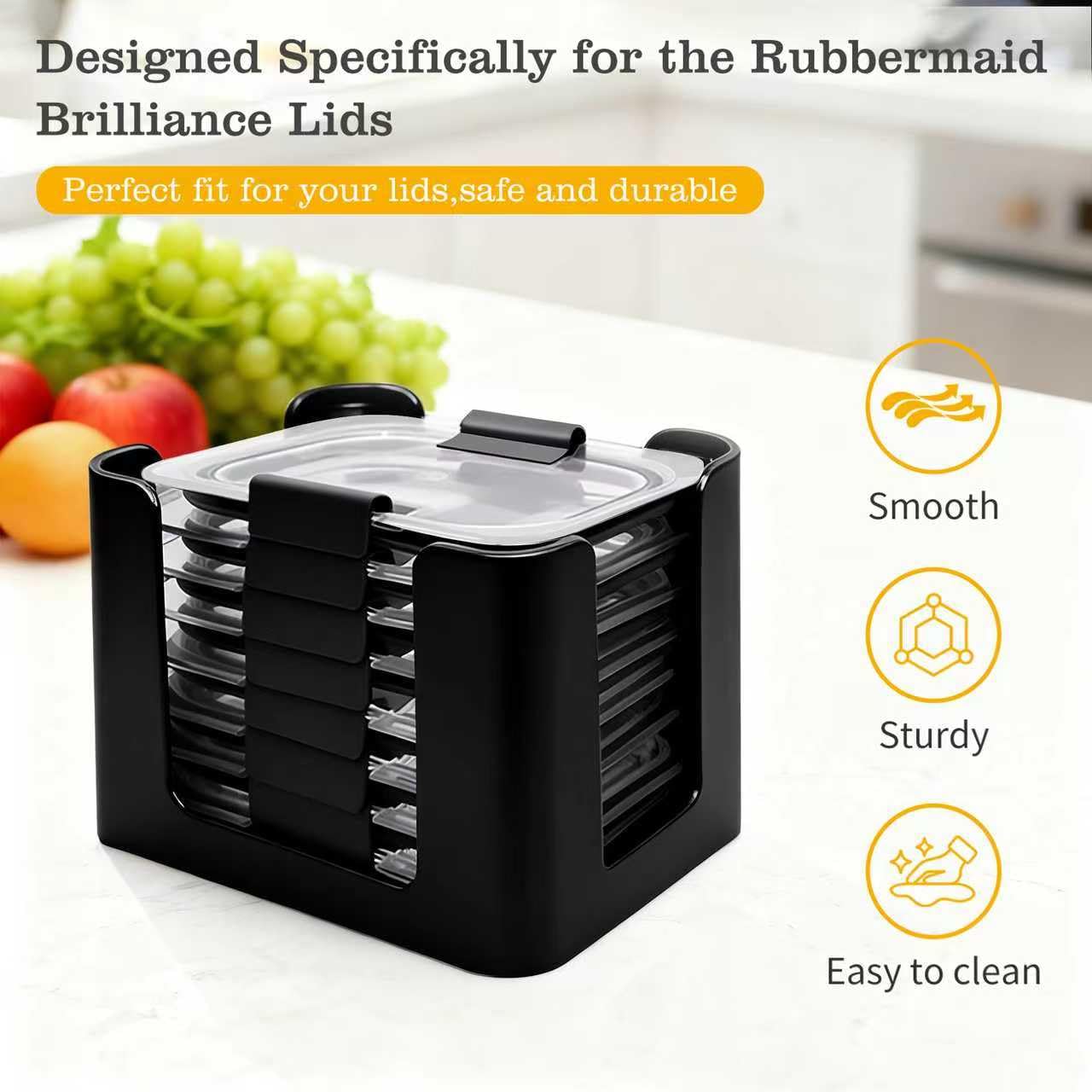 Food Container Lid Organizer for Rubbermaid Brilliances nap-on lids, Lid Organizer for Kitchen Cabinet Storage (3-Piece) - Holds 24 Lids for 4.7 Cup, 3.2 Cup, 1.3 Cup & 0.5 Cup Containers (Black)