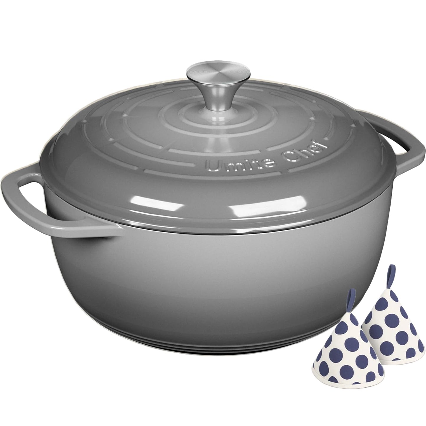 Enameled Cast Iron Dutch Oven - Umite Chef 6QT Pot with Lid & Cotton Potholders - Dual Handles -Versatile Heavy Duty Cookware for Bread Baking, Braising, Stews, Roasting(Grey）