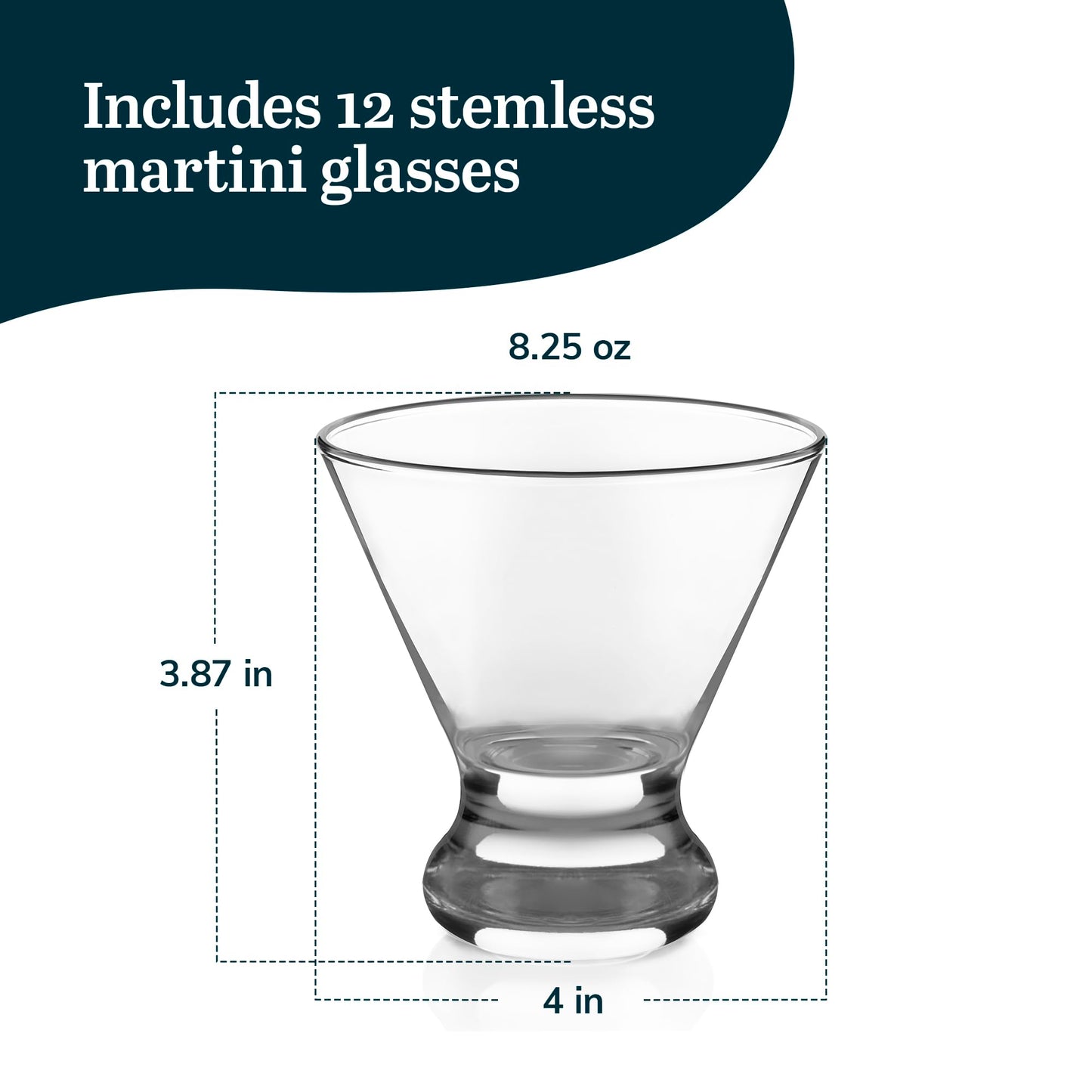 Libbey Cosmopolitan Stemless Martini Glasses Set Of 12, Dishwasher Safe Holiday Martini Glass, Lightweight Cocktail Glass Set for Wedding Party