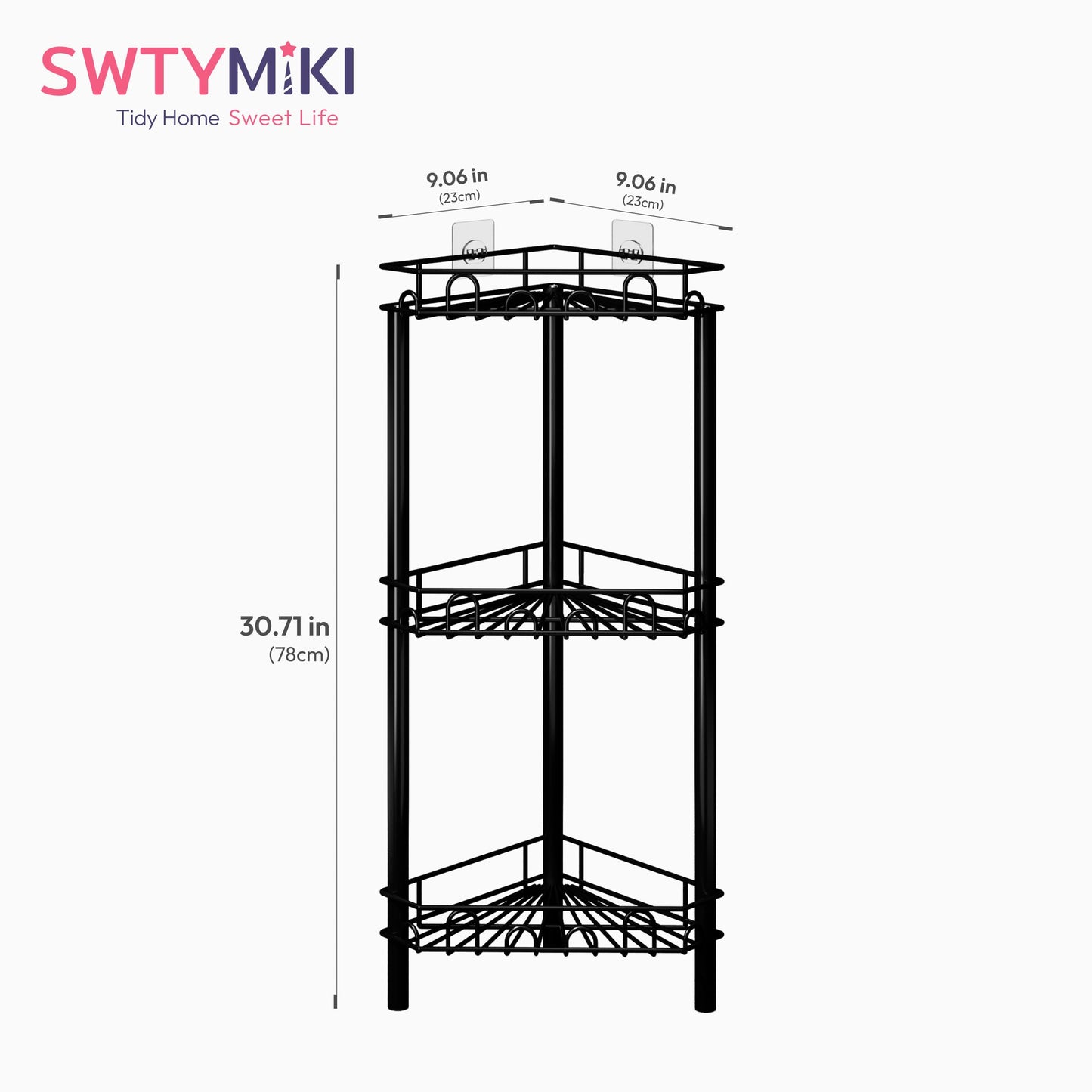 SWTYMIKI Standing Shower Caddy Corner - 3‑Tier Stainless Steel Shower Organizer Shelf with 12 Hooks and Adhesive Pads, Rustproof Corner Shelves Stand Rack for Bathroom Shower Room, Black