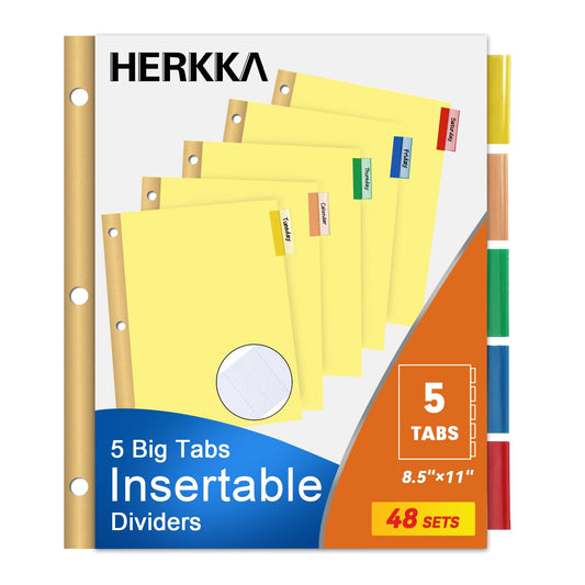 5-Tab Binder Divider, HERKKA 240 Pack Binder Index Dividers with 5 Insertable Multicolor Big Tabs, Paper with Gold-Reinforced Holes Letter Size, Yellow, 1/5-Cut Tabs